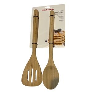 KitchenAid 2 Piece Bamboo Tool Set Slotted Turner Basting Spoon KQ652OHBBA NEW